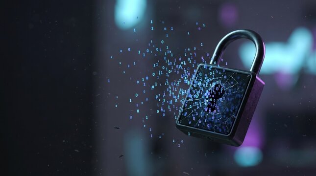 Cracked padlock releasing binary code particles in air