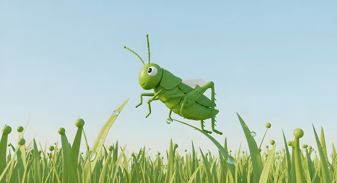 Cute cartoon grasshopper jumping over dewy green grass-field with blue sky background