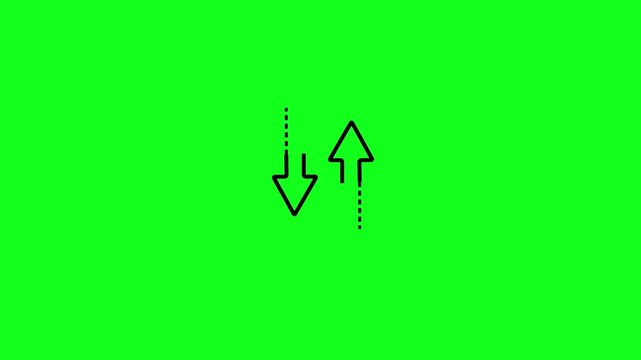 Dashed line with upward and downward arrow icon animation on green background. Single up and down arrow icon representing data trend increase and decrease indicators being shown with alpha channel