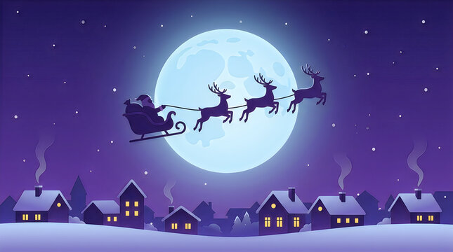 A silhouette illustration of Santa Claus driving his reindeer pulled sleigh across a giant full moon over a snow covered village Isolated on transparent background