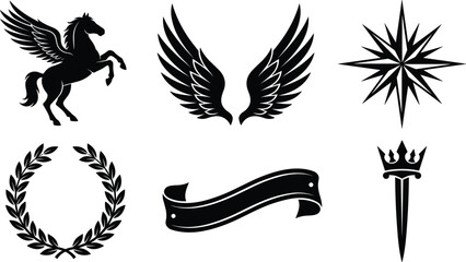 Fototapeta premium Heraldic emblem collection featuring winged horse, eagle wings, compass star, laurel wreath, curved ribbon banner and crowned sword symbols