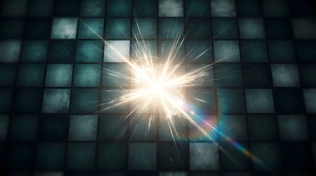 Digital explosion of light breaking through a grid of dark squares