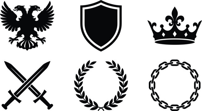 Heraldic emblem collection featuring double headed eagle, blank shield, royal crown, crossed swords, laurel wreath and chain circle symbols