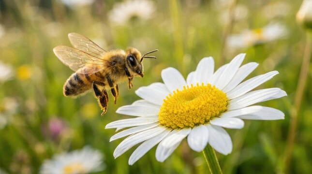 Honeybee pollinating white daisy flower in meadow.