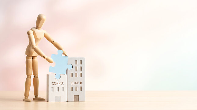Marketing team KPI and corporate integration merger concept with wooden mannequin placing jigsaw puzzle piece connecting Corp A and Corp B building blocks for presentation banner