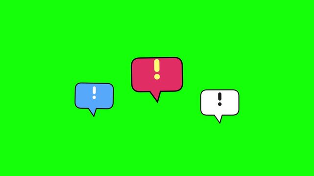 Vibrant three-color speech bubbles featuring exclamation marks on a bright green background symbolizing urgent communication and notification alerts