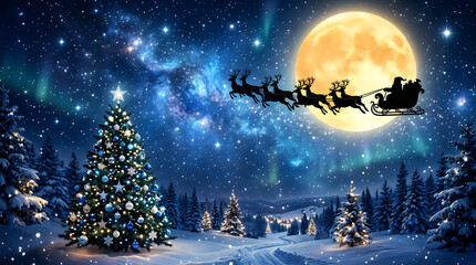 Fototapeta premium A vibrant and enchanting digital illustration depicting Santa Claus flying his reindeer sleigh past a radiant full moon over a decorated festive pine tree Isolated on transparent background