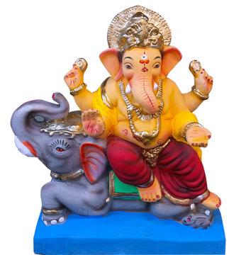 Beautiful Lord Ganesha idol riding an elephant isolated on white background