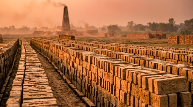 Rows of unbaked clay bricks drying in the sun at a traditional brick factory