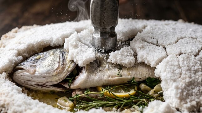 Fresh whole fish baked in a salt crust being opened with a metal hammer