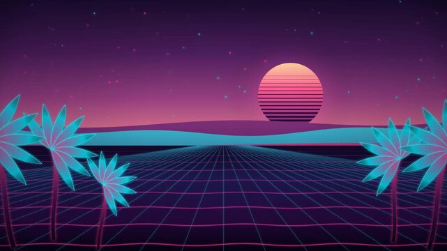 Retro synthwave landscape with glowing neon palm trees and a striped sunset over a digital grid floor in a futuristic eighties style cyberpunk night environment 4k Motion Video