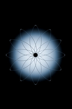 3D glass flower blue glow petals and radial symmetry create a luminous botanical mandala on a deep black background