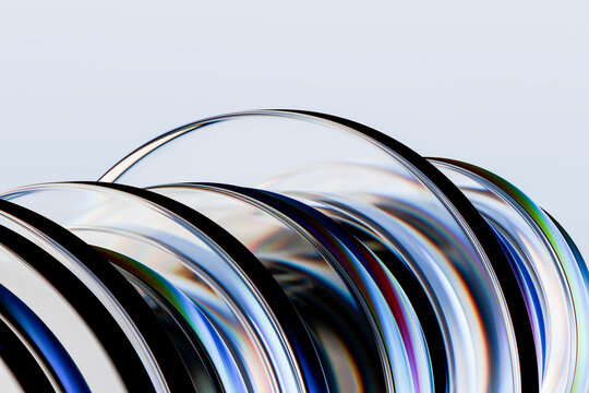 3D glass rings macro refraction copyspace and spectrum create a close optical study with iridescent futuristic surfaces
