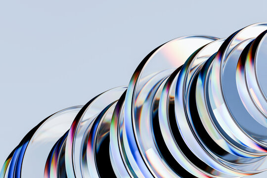 3D glass rings prism reflections copyspace and rhythm form a clean futuristic composition with rainbow spectral highlights