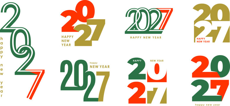 2027 Happy New Year typography logo set with modern colorful numbers. Red, green, gold vector typography layouts isolated on white background for posters, cards, calendar covers