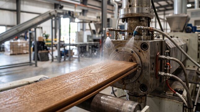 Industrial extruder machine processing wood grain composite deck boards
