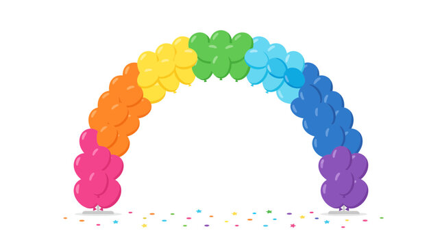 Colorful rainbow balloon arch vector illustration featuring vibrant hues arranged in a perfect semi-circle shape for festive celebrations and party event decorations with scattered confetti bits