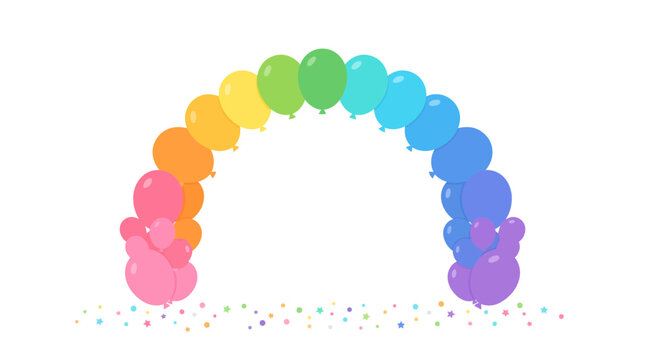 Vibrant rainbow balloon arch illustration featuring a colorful array of floating celebration party balloons arranged in a perfect semi circle shape on a clean white background for festive event design