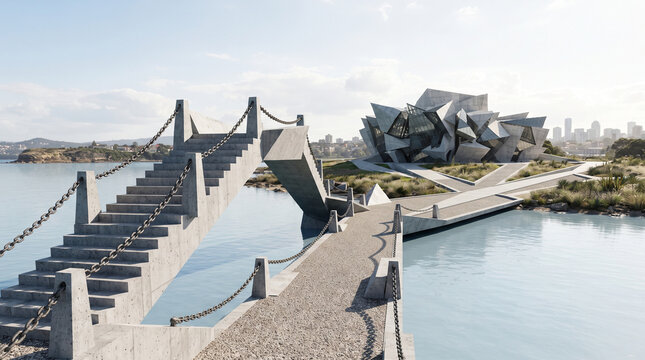A wide-angle, hyper-realistic architectural visualization of an avant-garde deconstructivist museum situated on a coastal island. The building features a highly complex, fractured facade made of inter