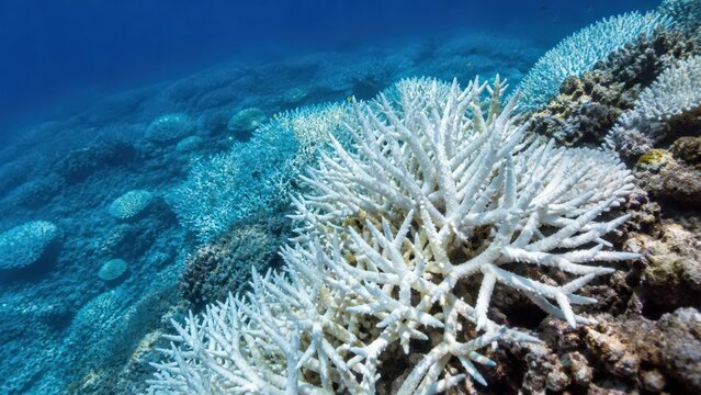 Elevated view of Coral bleaching on branching coral colony