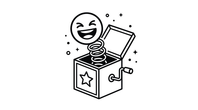 Laughing emoji character popping out of a classic mechanical box with a shiny metallic spring design
