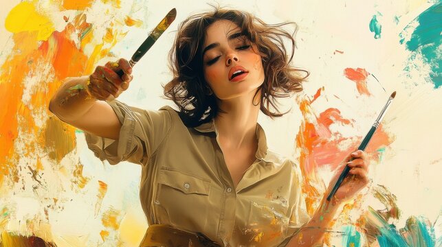 Young Artist Holding Paintbrushes Surrounded by Abstract Colorful Paint Splashes