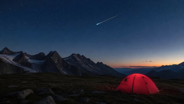 Perseid meteor shower above alpine meadow with copy space