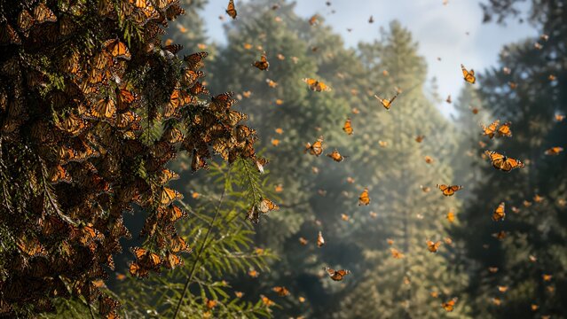 Seasonal wildlife migration with monarch butterflies in forest