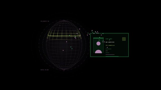 Futuristic digital sphere globe with data visualization interface and information panel on a dark background showing network connection points and analytical grid lines 4k Motion Video