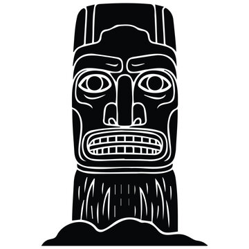Tribal totem pole head vector illustration representing indigenous religious wood carvings.