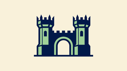 Fototapeta premium Blue castle fortress gate icon with twin towers.