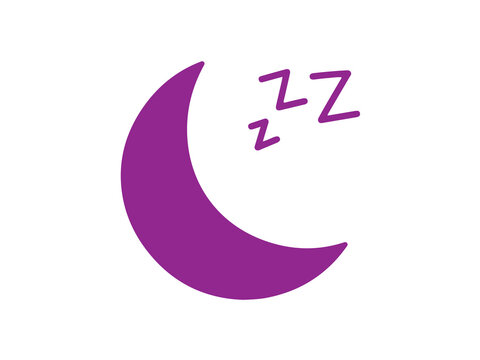 Crescent moon icon in purple color with sleeping symbols on a white background.