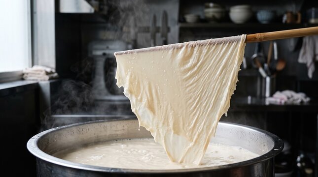 Fresh yuba skin being lifted from a large pot of boiling soy milk in a kitchen