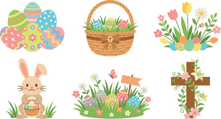 Fototapeta premium Happy Easter Spring Holiday Vector Set Featuring Painted Eggs, Easter Basket, Spring Flowers, Cute Bunny, Meadow Grass, and Floral Cross