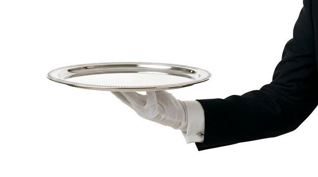 Waiter hand in white glove holding an empty silver serving tray isolated on white background