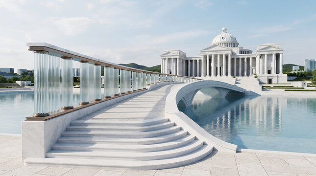 an AI-generated or conceptual architectural rendering inspired by classical European styles rather than the actual Chimei Museum in Tainan, Taiwan, which features a different bridge and dome design