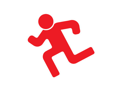 Runner stick figure icon in bright red color symbolizes urgency, emergency exit, or athletic speed.