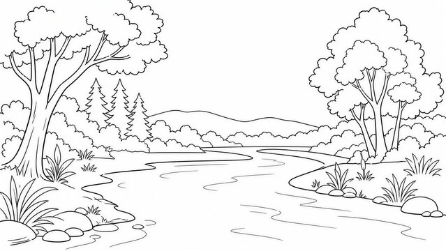 Simple forest river landscape line art coloring page illustration for kids and beginners