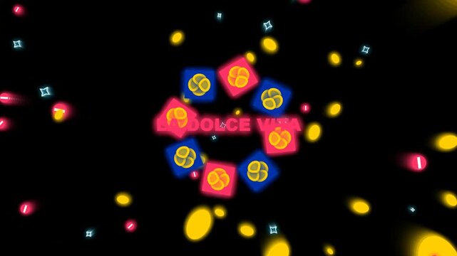La dolce vita text with colorful glowing squares and sparkling light particles in a dark black background space design 4k Motion Video