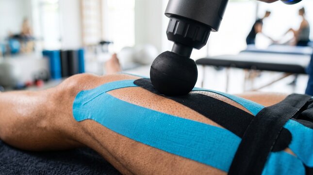 A person receiving a professional massage therapy on their taped leg