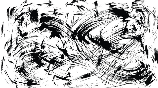 Abstract black and white ink painting with expressive brushstrokes and dynamic gestural lines on textured paper background