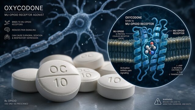 Oxycodone prescription tablets with a scientific zoomed inset showing the pharmaceutical drug binding to mu-opioid receptors on a neuron background for medical concepts