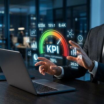 Business professional analyzing key performance indicators on a digital holographic interface while working on a laptop at night