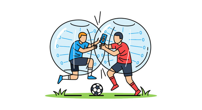 Two soccer players shake hands over a ball in a vector illustration