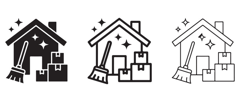 house cleaning moving illustration with boxes and broom icons in three different styles