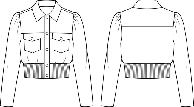 Women long sleeve button up cropped shirt jacket with ribbed hem technical fashion flat sketch vector drawing
