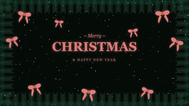 Merry christmas and happy new year greeting card design with pink bows and dark green patterned border on a black background 4k Motion Video