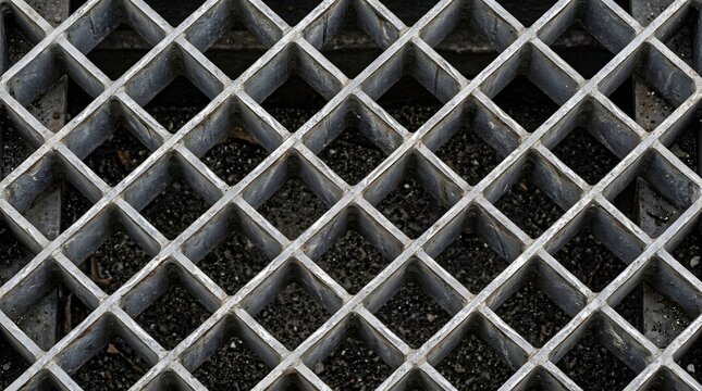 Industrial metal floor grate, silver steel mesh grid texture, geometric diamond pattern drainage cover for construction