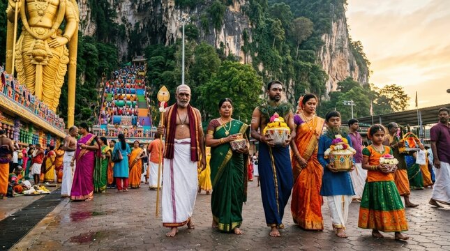 Hindu Family Carrying Offerings at Batu Caves Temple Festival

