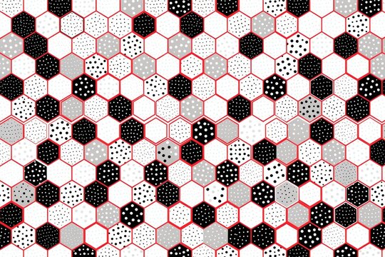 Abstract seamless pattern with hexagonal shapes, geometric background with black, white and grey polka dots, modern minimalist design